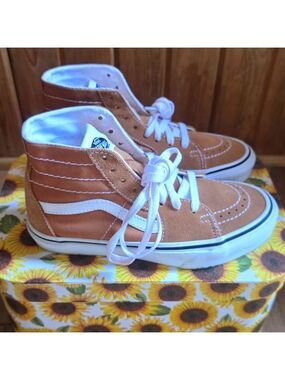 Vans Tan and White High Top Sneakers with Stripe